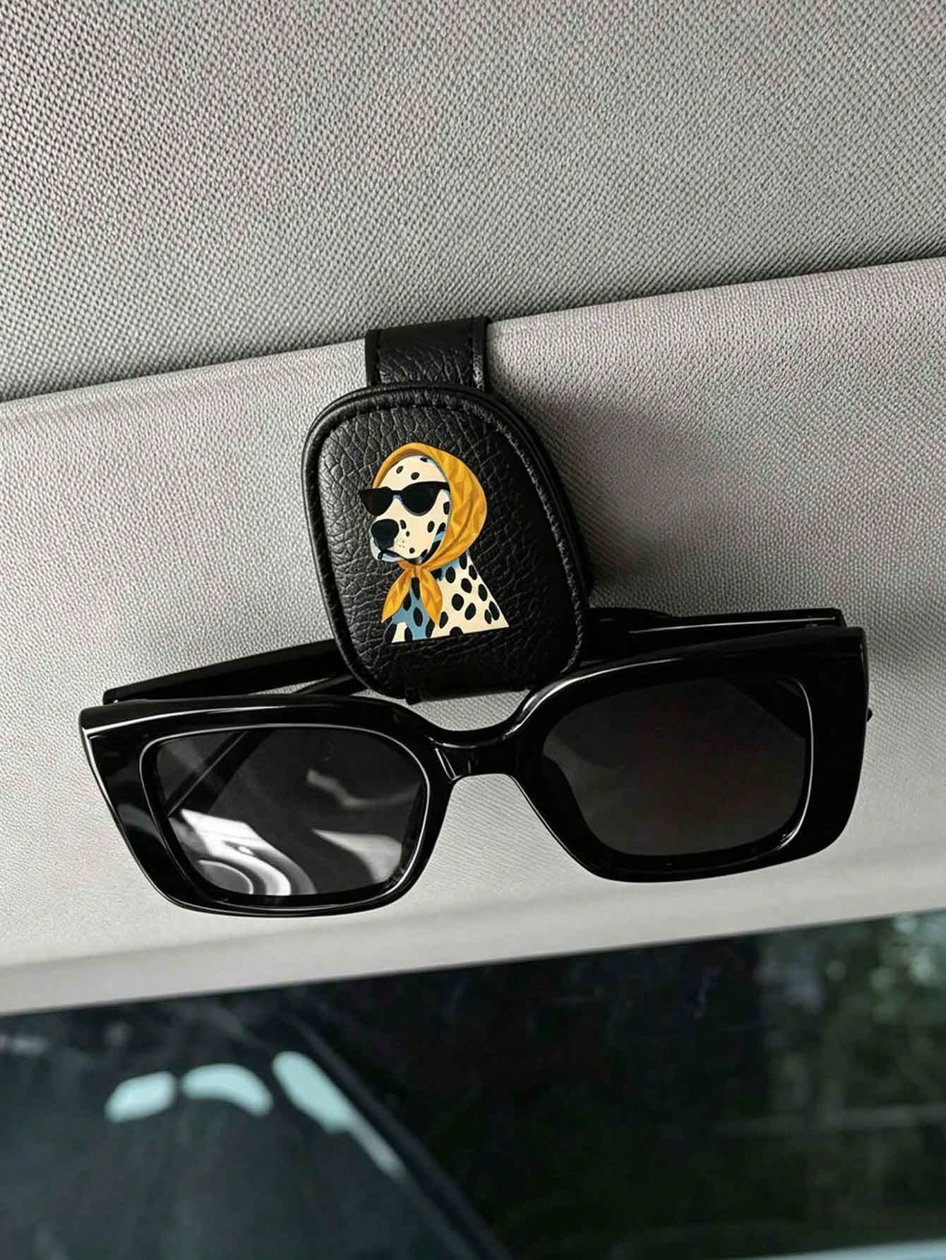 Cute Yellow Bandana Fashion Glasses Spotted Dog Car Visor Clip, Car Sun Visor Storage Organizer, Fashion Glasses Holder & Ticket Clip