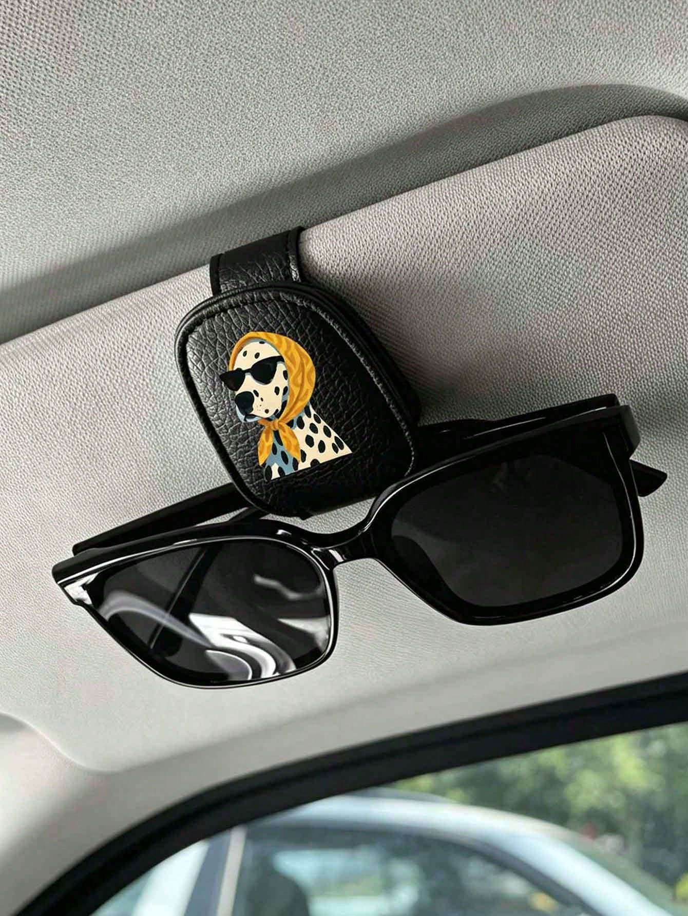 Cute Yellow Bandana Fashion Glasses Spotted Dog Car Visor Clip, Car Sun Visor Storage Organizer, Fashion Glasses Holder & Ticket Clip