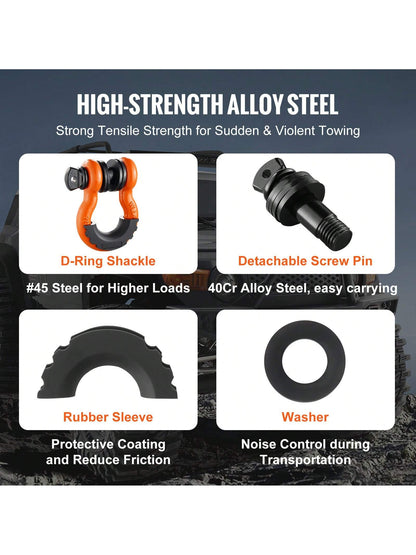 D-Ring Shackle, Synthetic Soft Shackle, Recovery Shackle, 2/4 Pack Alloy Steel Shackles Break Strength With Screw Pin, Isolators & Washers, With Extra Sleeves & Storage Bag For UTV, ATV, Trucks, Heavy