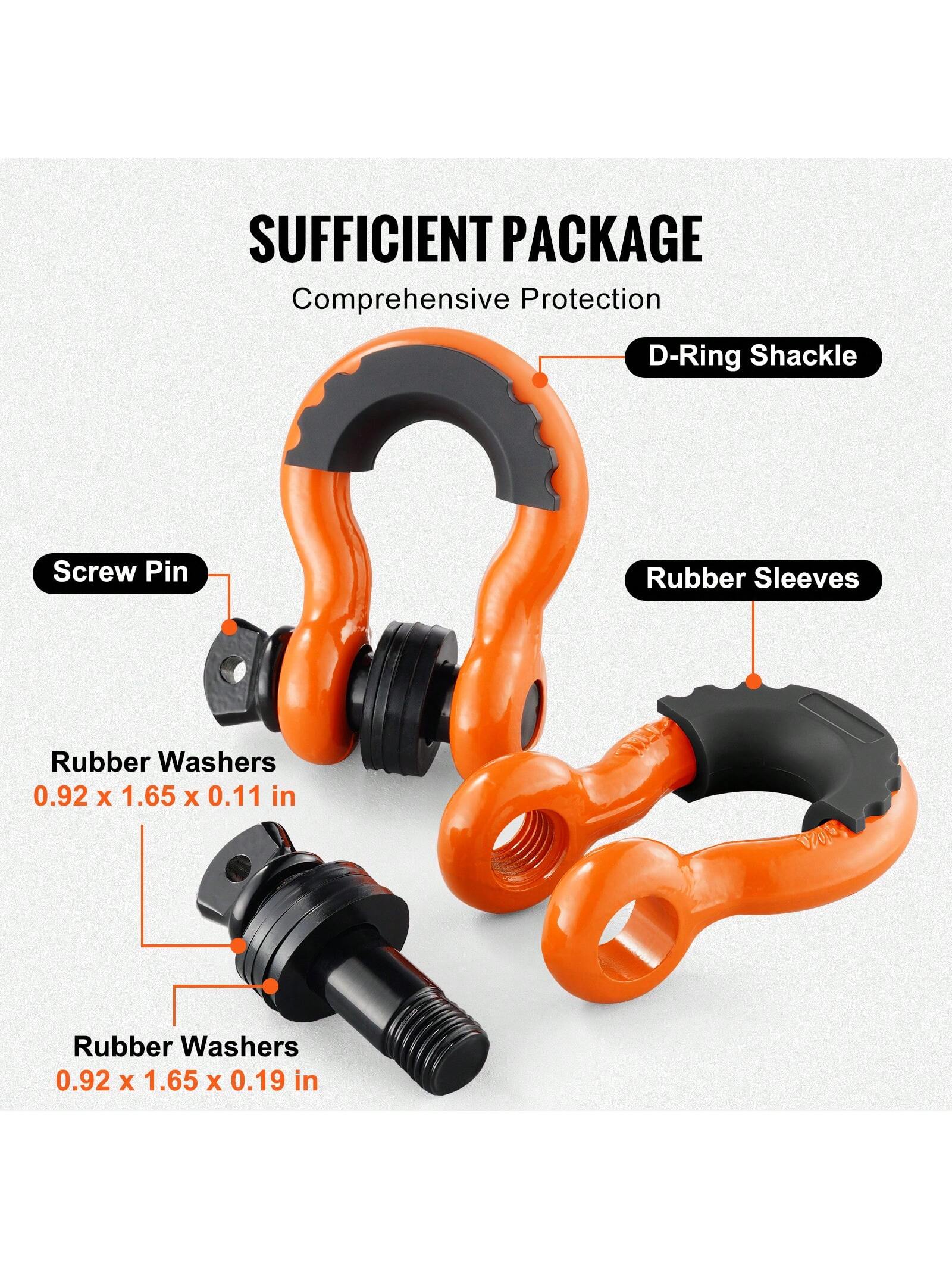 D-Ring Shackle, Synthetic Soft Shackle, Recovery Shackle, 2/4 Pack Alloy Steel Shackles Break Strength With Screw Pin, Isolators & Washers, With Extra Sleeves & Storage Bag For UTV, ATV, Trucks, Heavy