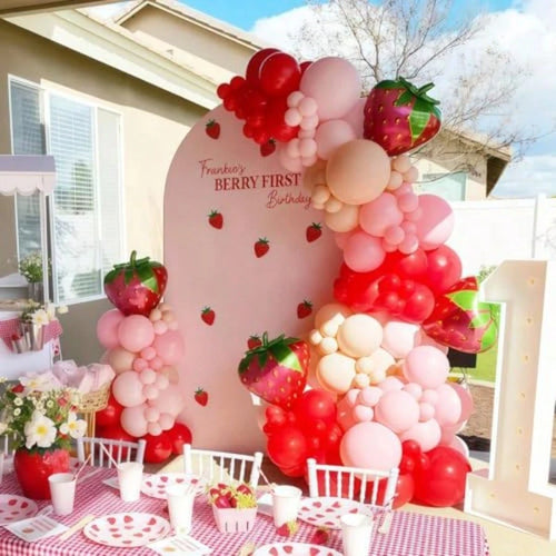 D156pcs Strawberry Balloon Arch Garland Kit With Red Pink Double Layer Apricot Balloons And 18 Inch Strawberry Foil Balloons For Sweet Girl Berry 1st Birthday Baby Shower Party Decorations