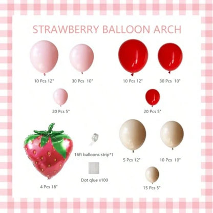 D156pcs Strawberry Balloon Arch Garland Kit With Red Pink Double Layer Apricot Balloons And 18 Inch Strawberry Foil Balloons For Sweet Girl Berry 1st Birthday Baby Shower Party Decorations