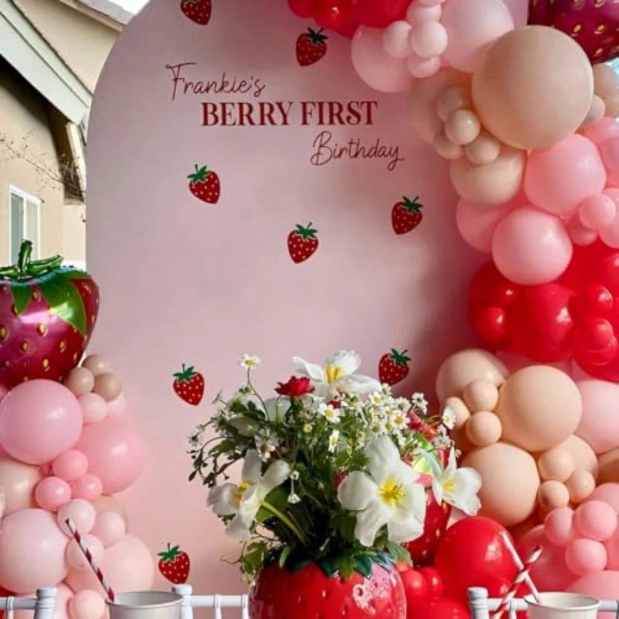 D156pcs Strawberry Balloon Arch Garland Kit With Red Pink Double Layer Apricot Balloons And 18 Inch Strawberry Foil Balloons For Sweet Girl Berry 1st Birthday Baby Shower Party Decorations
