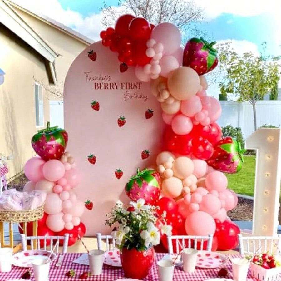 D156pcs Strawberry Balloon Arch Garland Kit With Red Pink Double Layer Apricot Balloons And 18 Inch Strawberry Foil Balloons For Sweet Girl Berry 1st Birthday Baby Shower Party Decorations