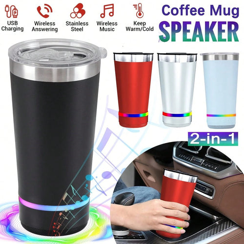 Dazone 16.5oz Insulated Stainless Steel Tumbler With Detachable Bluetooth Speaker, LED Light Up Travel Coffee Mug With FM Radio, USB/TF Card & TWS Pairing, Rechargeable Music Cup Gift For Adults, Teen