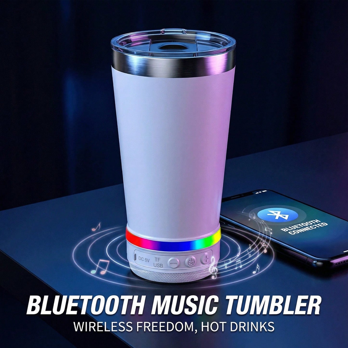 Dazone 16.5oz Insulated Stainless Steel Tumbler With Detachable Bluetooth Speaker, LED Light Up Travel Coffee Mug With FM Radio, USB/TF Card & TWS Pairing, Rechargeable Music Cup Gift For Adults, Teen