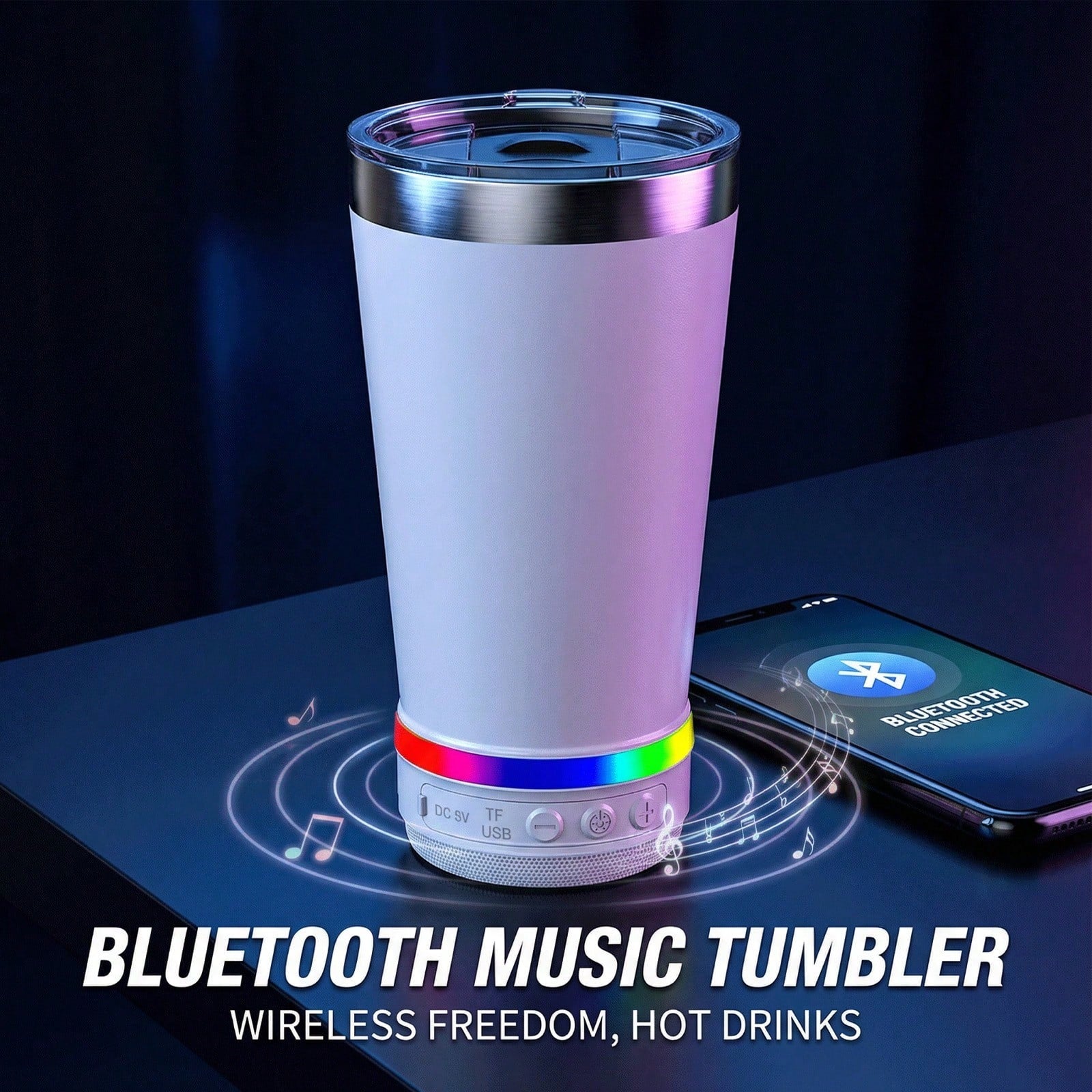 Dazone 16.5oz Insulated Stainless Steel Tumbler With Detachable Bluetooth Speaker, LED Light Up Travel Coffee Mug With FM Radio, USB/TF Card & TWS Pairing, Rechargeable Music Cup Gift For Adults, Teen