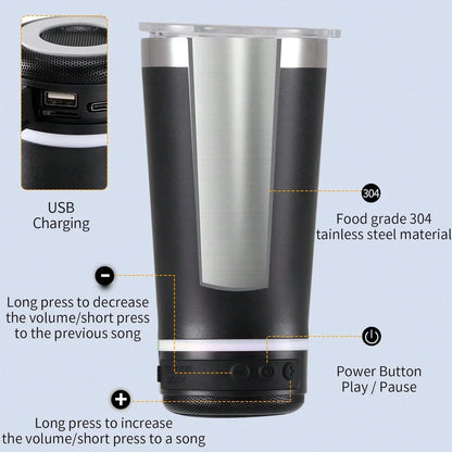Dazone 16.5oz Insulated Stainless Steel Tumbler With Detachable Bluetooth Speaker, LED Light Up Travel Coffee Mug With FM Radio, USB/TF Card & TWS Pairing, Rechargeable Music Cup Gift For Adults, Teen