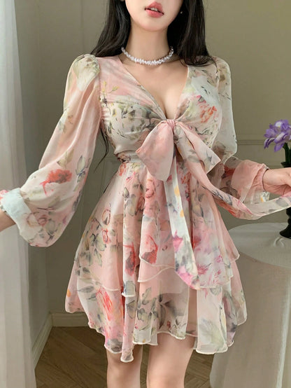 DAZY French Style Ditsy Floral V-Neck Long Sleeve Dress For Women, Spring, Tie-Waist Chiffon A-Line Mini Dress, Elegant Look Vacation Outfits Women Boho