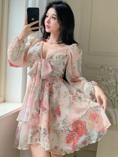 DAZY French Style Ditsy Floral V-Neck Long Sleeve Dress For Women, Spring, Tie-Waist Chiffon A-Line Mini Dress, Elegant Look Vacation Outfits Women Boho