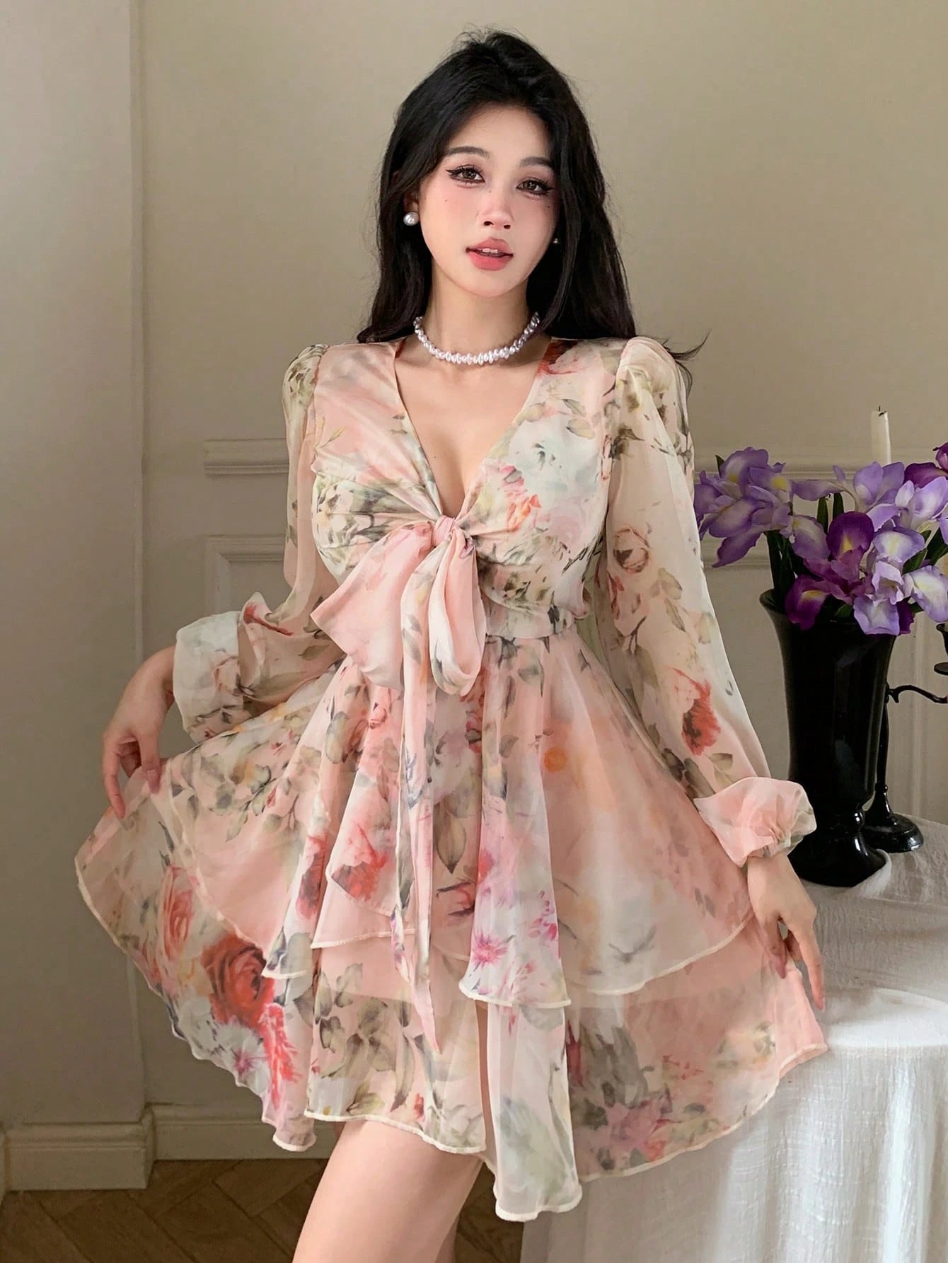 DAZY French Style Ditsy Floral V-Neck Long Sleeve Dress For Women, Spring, Tie-Waist Chiffon A-Line Mini Dress, Elegant Look Vacation Outfits Women Boho