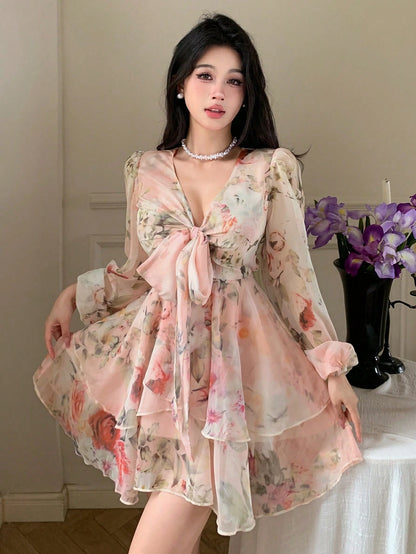 DAZY French Style Ditsy Floral V-Neck Long Sleeve Dress For Women, Spring, Tie-Waist Chiffon A-Line Mini Dress, Elegant Look Vacation Outfits Women Boho