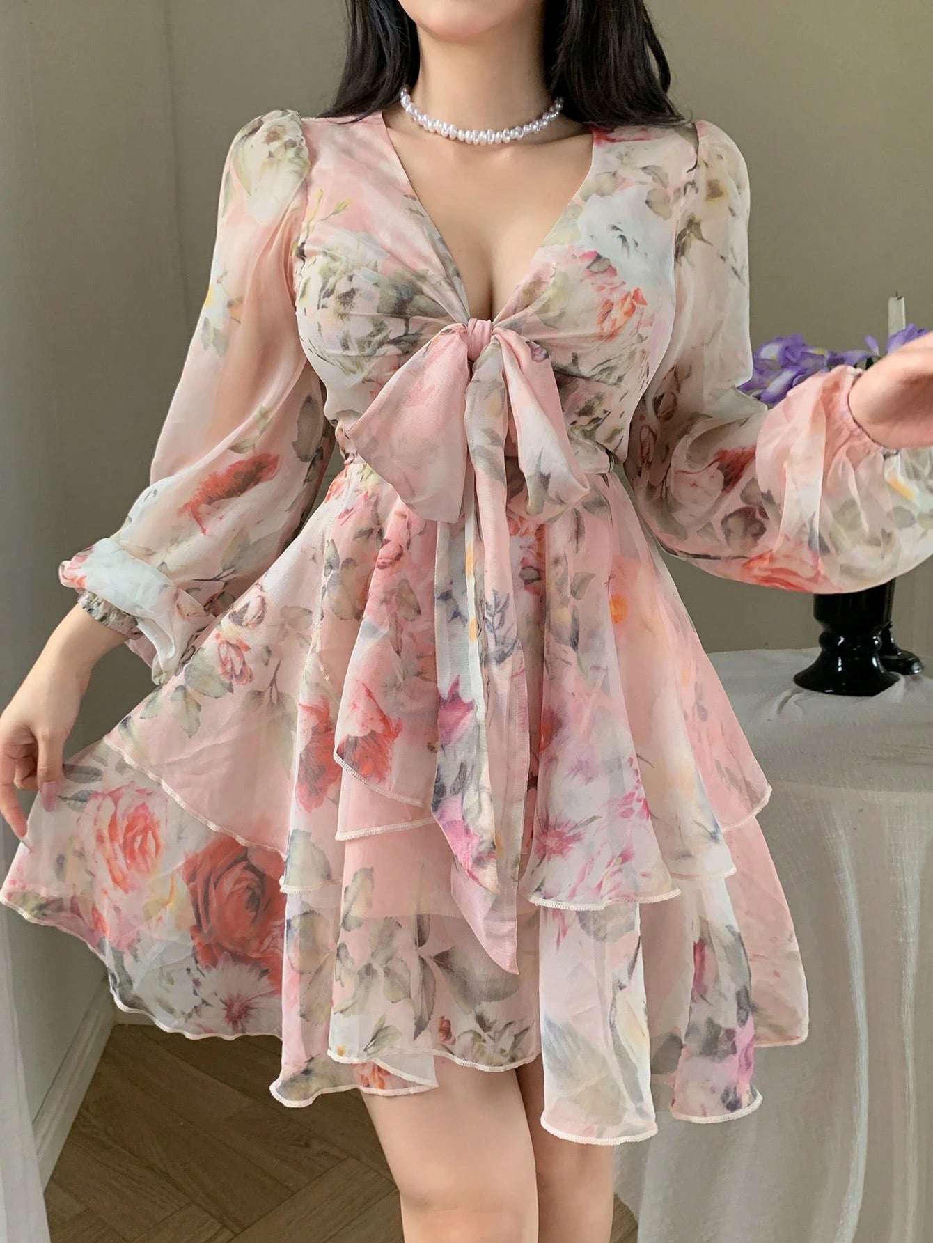 DAZY French Style Ditsy Floral V-Neck Long Sleeve Dress For Women, Spring, Tie-Waist Chiffon A-Line Mini Dress, Elegant Look Vacation Outfits Women Boho