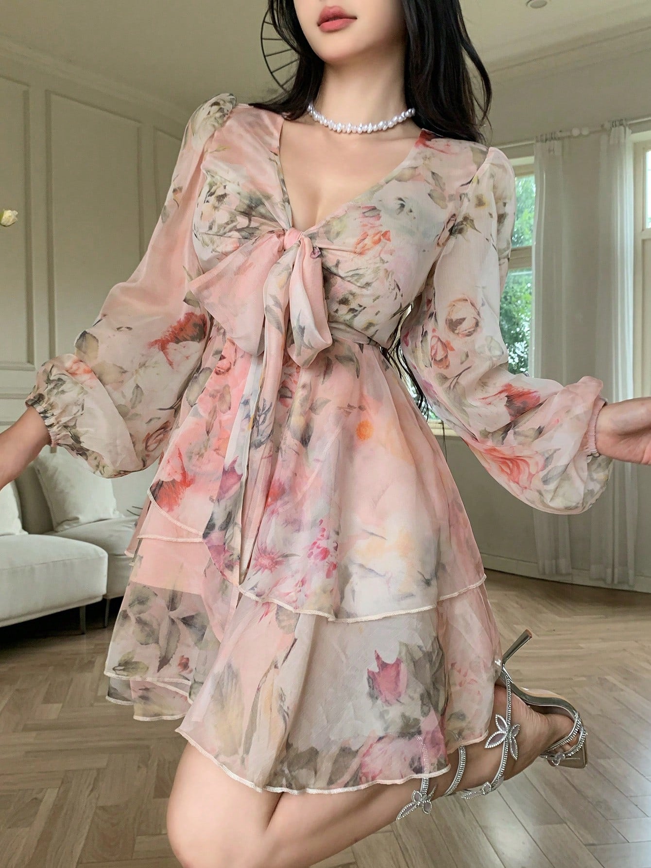 DAZY French Style Ditsy Floral V-Neck Long Sleeve Dress For Women, Spring, Tie-Waist Chiffon A-Line Mini Dress, Elegant Look Vacation Outfits Women Boho