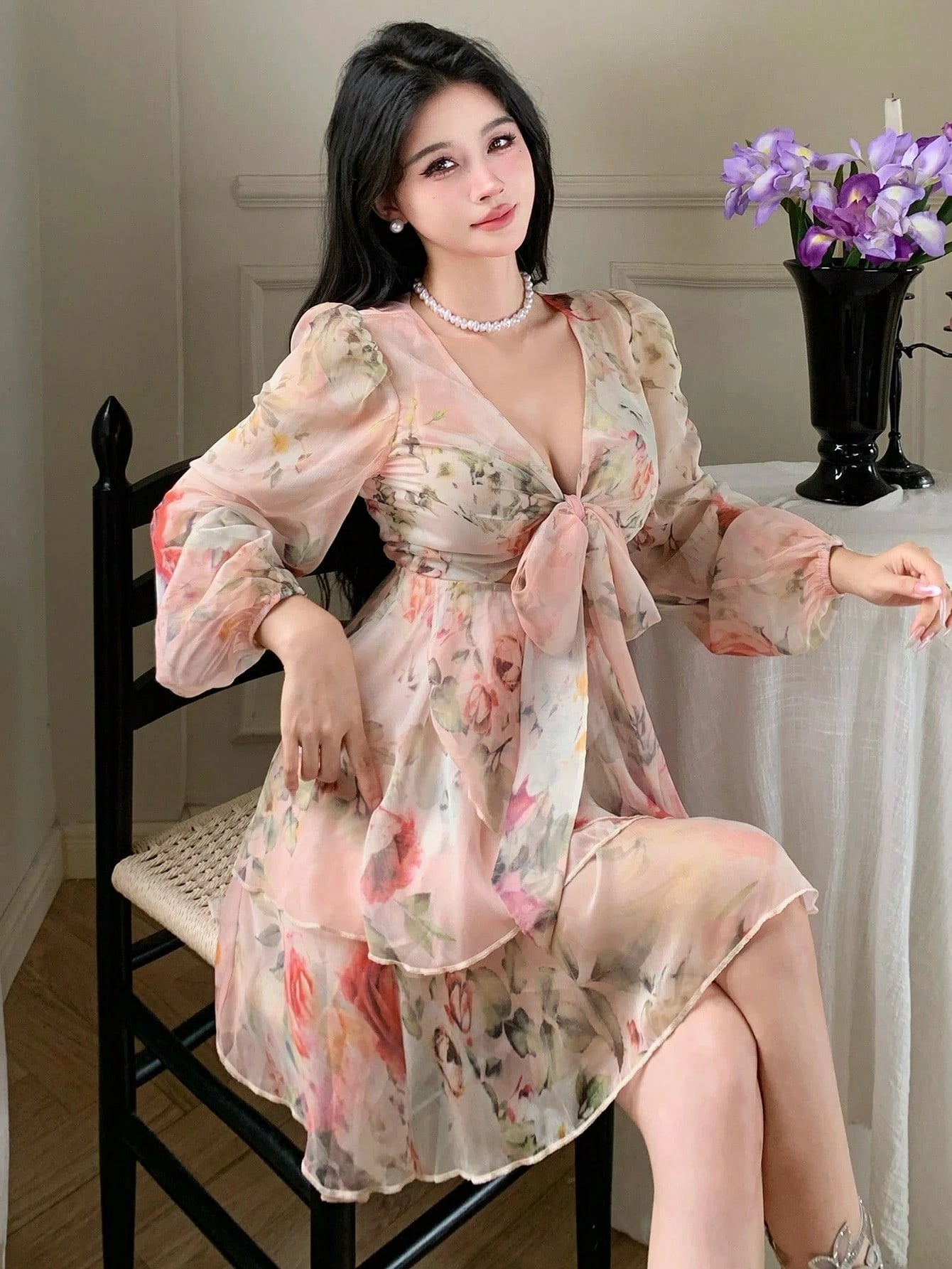 DAZY French Style Ditsy Floral V-Neck Long Sleeve Dress For Women, Spring, Tie-Waist Chiffon A-Line Mini Dress, Elegant Look Vacation Outfits Women Boho