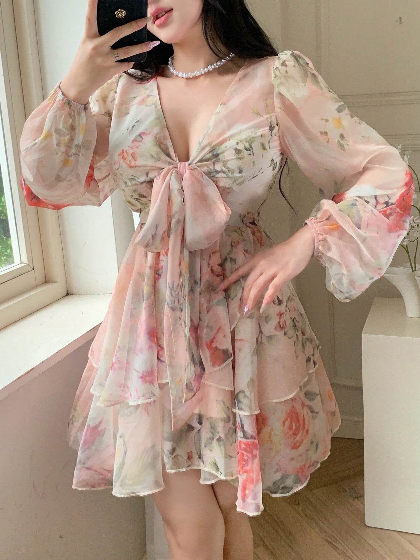 DAZY French Style Ditsy Floral V-Neck Long Sleeve Dress For Women, Spring, Tie-Waist Chiffon A-Line Mini Dress, Elegant Look Vacation Outfits Women Boho