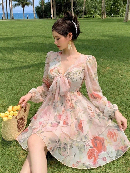 DAZY French Style Ditsy Floral V-Neck Long Sleeve Dress For Women, Spring, Tie-Waist Chiffon A-Line Mini Dress, Elegant Look Vacation Outfits Women Boho