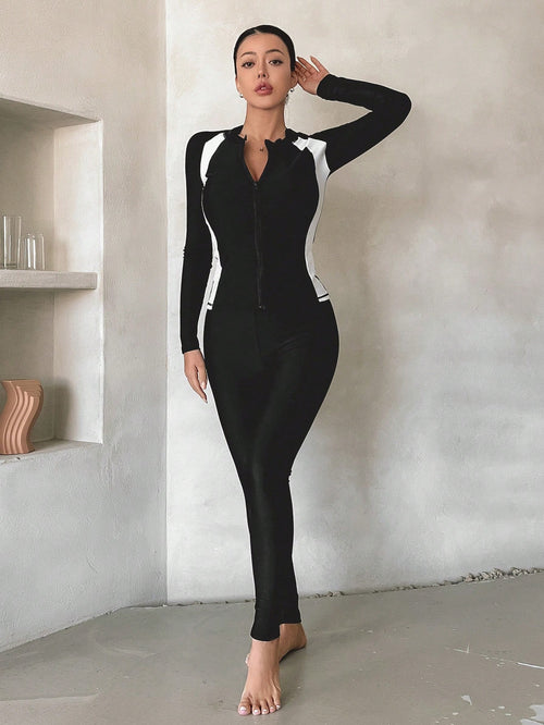 DAZY Women's Sporty Black And White Color Block Long Sleeve Zipper Swimwear Jacket,Conservative Sun-Protective Slim-Fit Summer Casual Beach Party Coat