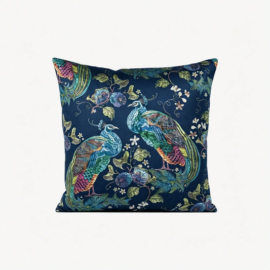 Decorative Pillow Cover Vintage Peacock Floral Throw Pillow Cover- Dark Navy Luxury Decorative Cushion Cover For Sofa Home Decor- Bird