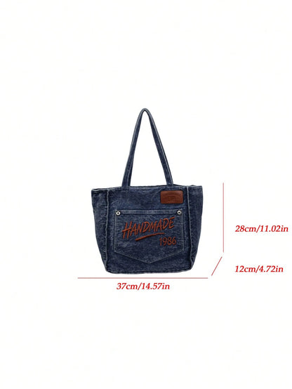 Deep Blue Front Pocket Letter Embroidery, Nameplate & Rivet Pocket Detail Decor, Extra Large Capacity Can Store Textbooks, Notebooks, Water Bottles, Laptops And Other Travel Items, Open Top Easy Acces
