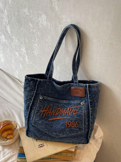 Deep Blue Front Pocket Letter Embroidery, Nameplate & Rivet Pocket Detail Decor, Extra Large Capacity Can Store Textbooks, Notebooks, Water Bottles, Laptops And Other Travel Items, Open Top Easy Acces