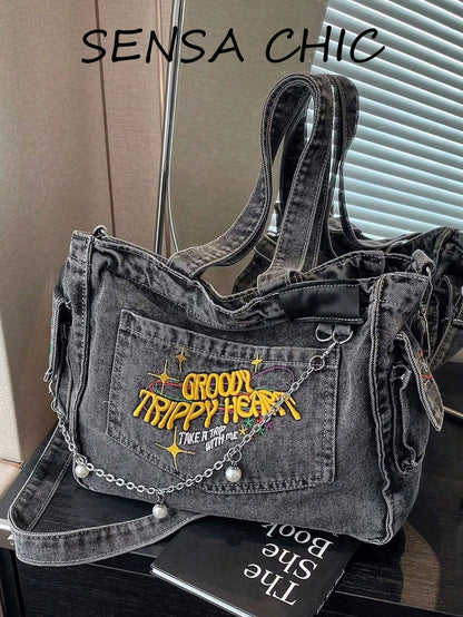 Deep Blue Front Pocket Letter Embroidery, Nameplate & Rivet Pocket Detail Decor, Extra Large Capacity Can Store Textbooks, Notebooks, Water Bottles, Laptops And Other Travel Items, Open Top Easy Acces