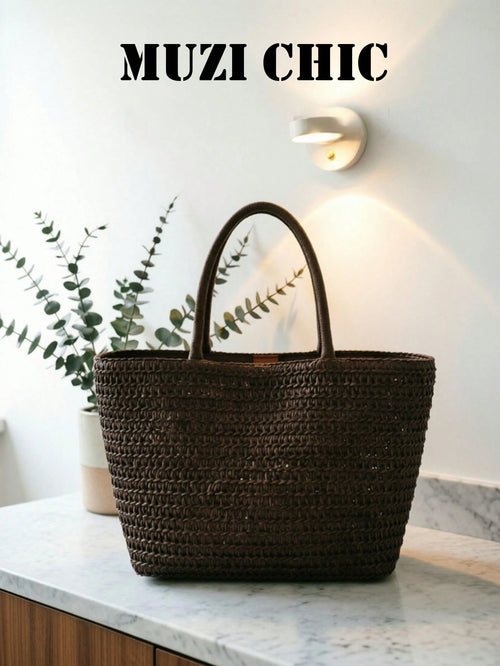 Deep Brown Woven Tote Bag, Integrated Thick Woven Shoulder Strap, Minimalist Summer Vacation Shopping Bag, Essential For Beach And Travel Enthusiasts In Spring And Summer, Perfect For Beach Trips, Pic