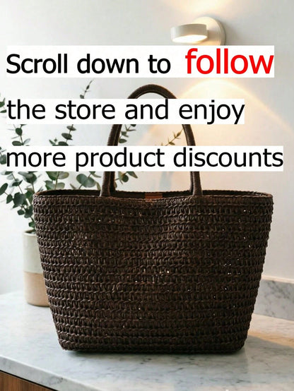 Deep Brown Woven Tote Bag, Integrated Thick Woven Shoulder Strap, Minimalist Summer Vacation Shopping Bag, Essential For Beach And Travel Enthusiasts In Spring And Summer, Perfect For Beach Trips, Pic