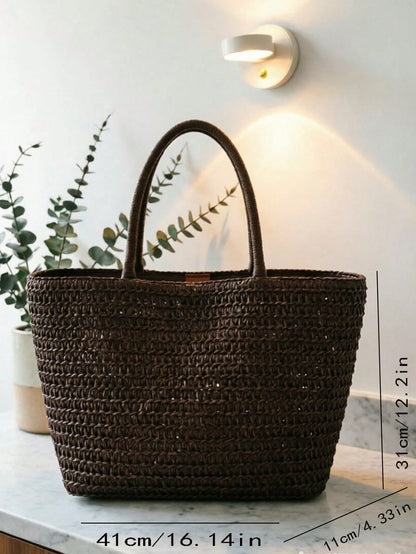 Deep Brown Woven Tote Bag, Integrated Thick Woven Shoulder Strap, Minimalist Summer Vacation Shopping Bag, Essential For Beach And Travel Enthusiasts In Spring And Summer, Perfect For Beach Trips, Pic