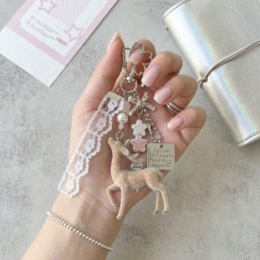 Deer Keychain Pendant, Lace Pearl Bow Bag Charm, Korean Sweet Clover Backpack Hanging Chain, Y2K Girly Style Gift