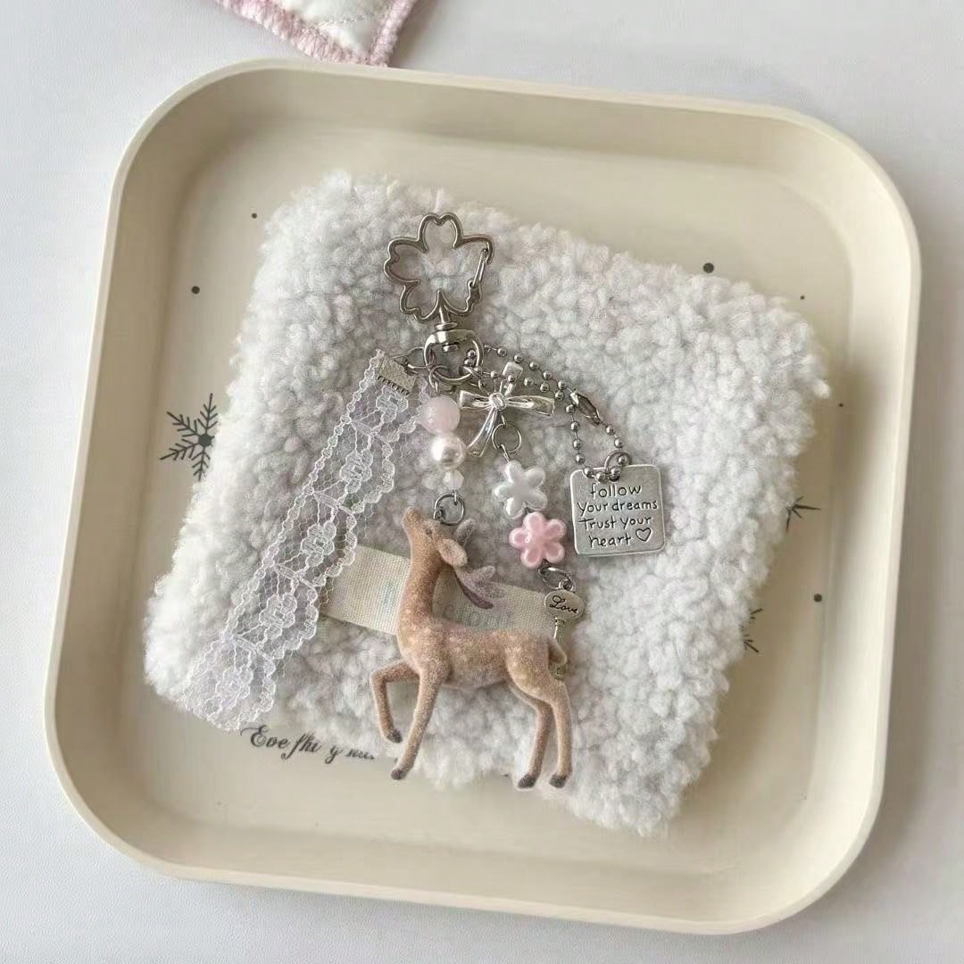 Deer Keychain Pendant, Lace Pearl Bow Bag Charm, Korean Sweet Clover Backpack Hanging Chain, Y2K Girly Style Gift
