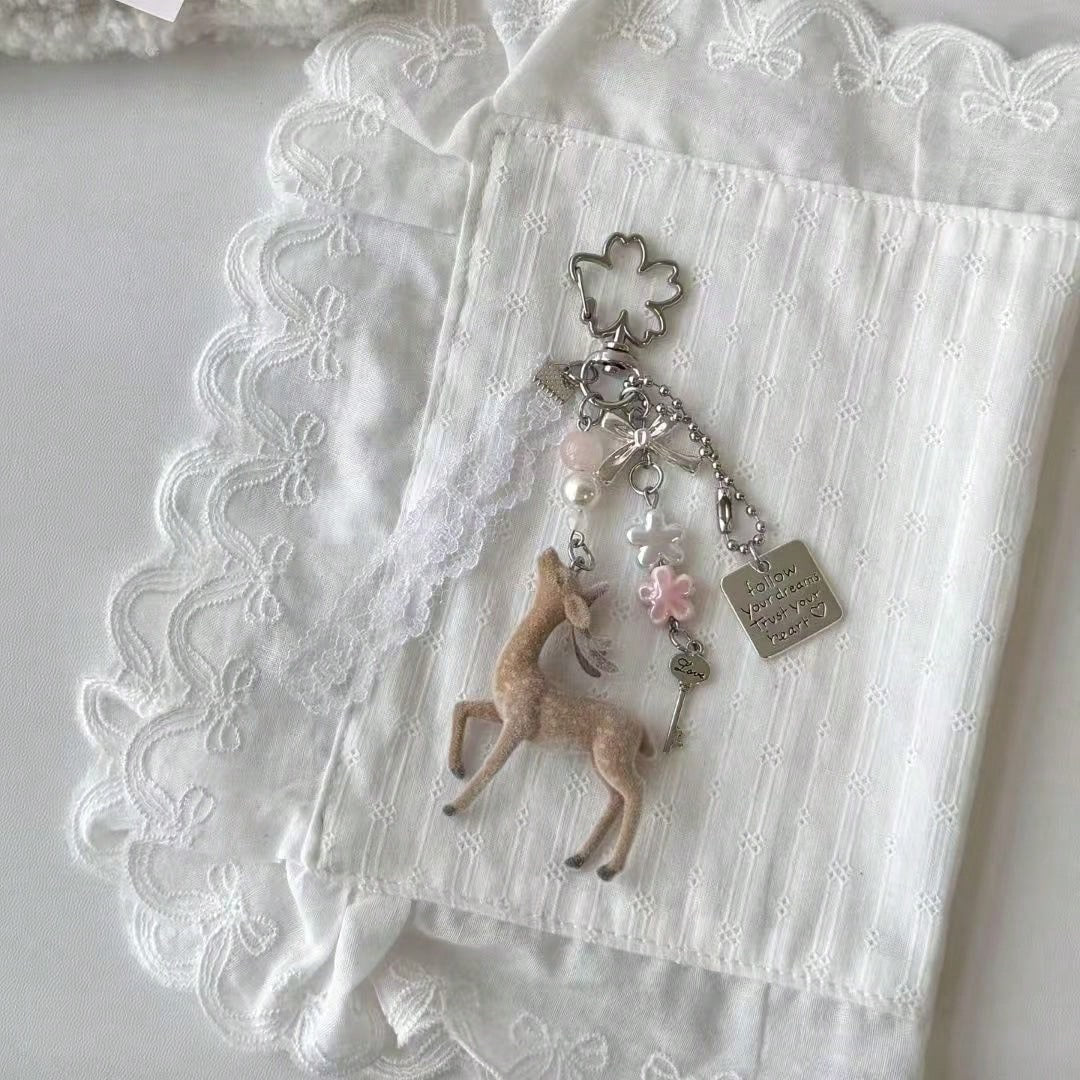 Deer Keychain Pendant, Lace Pearl Bow Bag Charm, Korean Sweet Clover Backpack Hanging Chain, Y2K Girly Style Gift