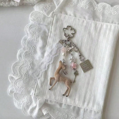 Deer Keychain Pendant, Lace Pearl Bow Bag Charm, Korean Sweet Clover Backpack Hanging Chain, Y2K Girly Style Gift