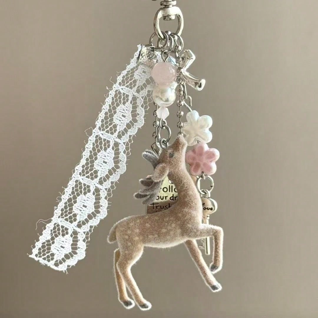 Deer Keychain Pendant, Lace Pearl Bow Bag Charm, Korean Sweet Clover Backpack Hanging Chain, Y2K Girly Style Gift