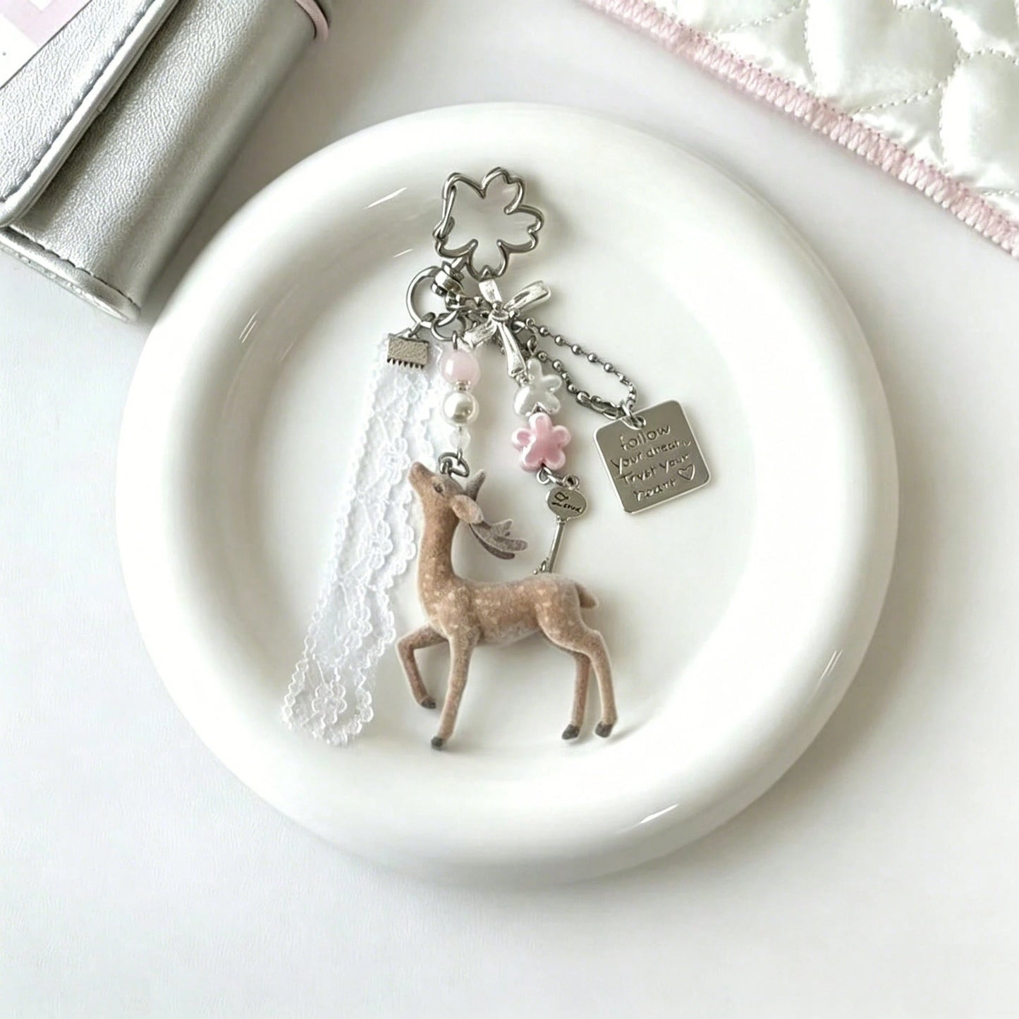 Deer Keychain Pendant, Lace Pearl Bow Bag Charm, Korean Sweet Clover Backpack Hanging Chain, Y2K Girly Style Gift