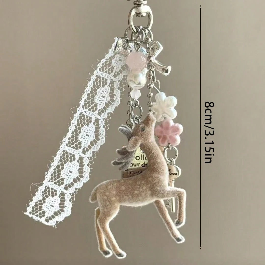 Deer Keychain Pendant, Lace Pearl Bow Bag Charm, Korean Sweet Clover Backpack Hanging Chain, Y2K Girly Style Gift
