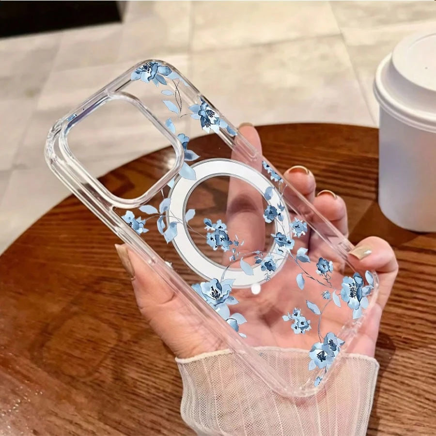 Delicate Blue Floral Watercolor Pattern White Background Magnet Phone Case Element-Design Phone Case,Suitable For Men And Women. Simple And Unique Phone Case. Stylish Phone Case For IPhone 16PROMAX 1