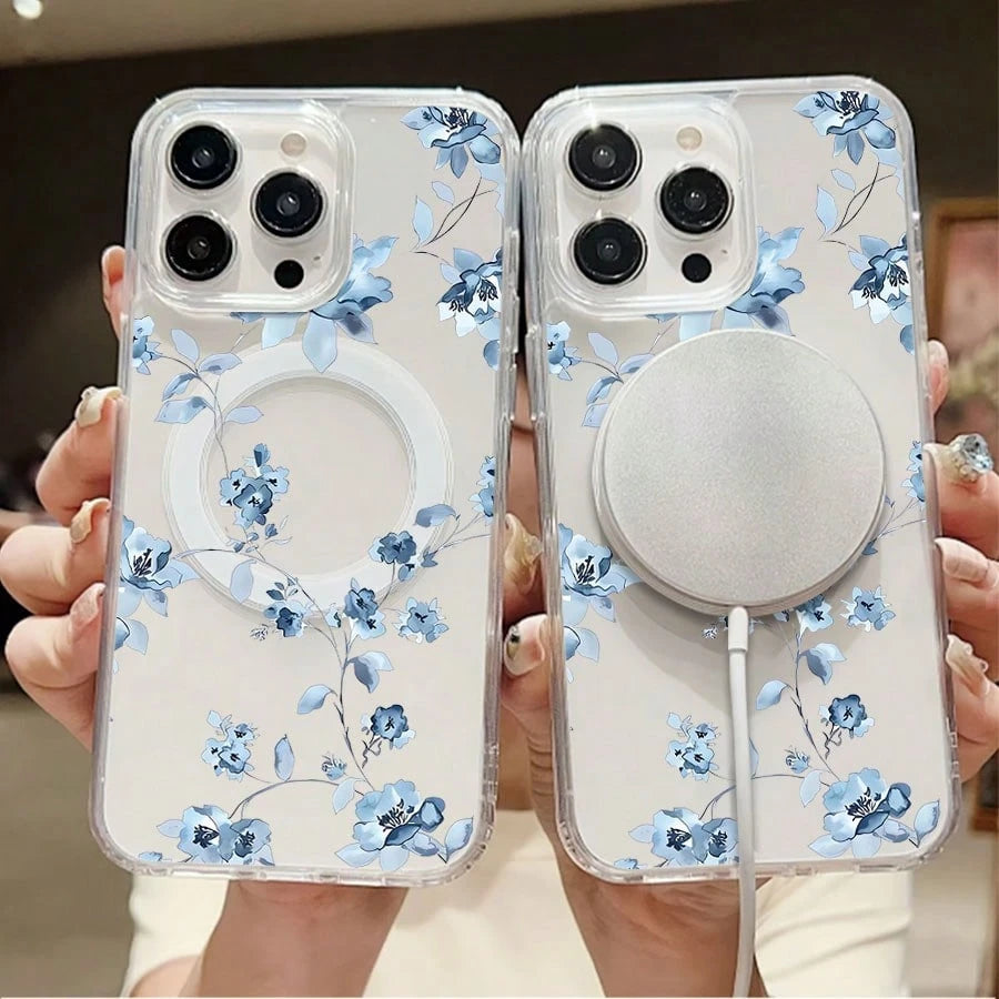 Delicate Blue Floral Watercolor Pattern White Background Magnet Phone Case Element-Design Phone Case,Suitable For Men And Women. Simple And Unique Phone Case. Stylish Phone Case For IPhone 16PROMAX 1