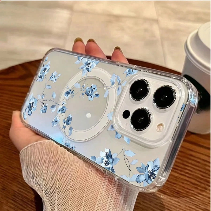 Delicate Blue Floral Watercolor Pattern White Background Magnet Phone Case Element-Design Phone Case,Suitable For Men And Women. Simple And Unique Phone Case. Stylish Phone Case For IPhone 16PROMAX 1