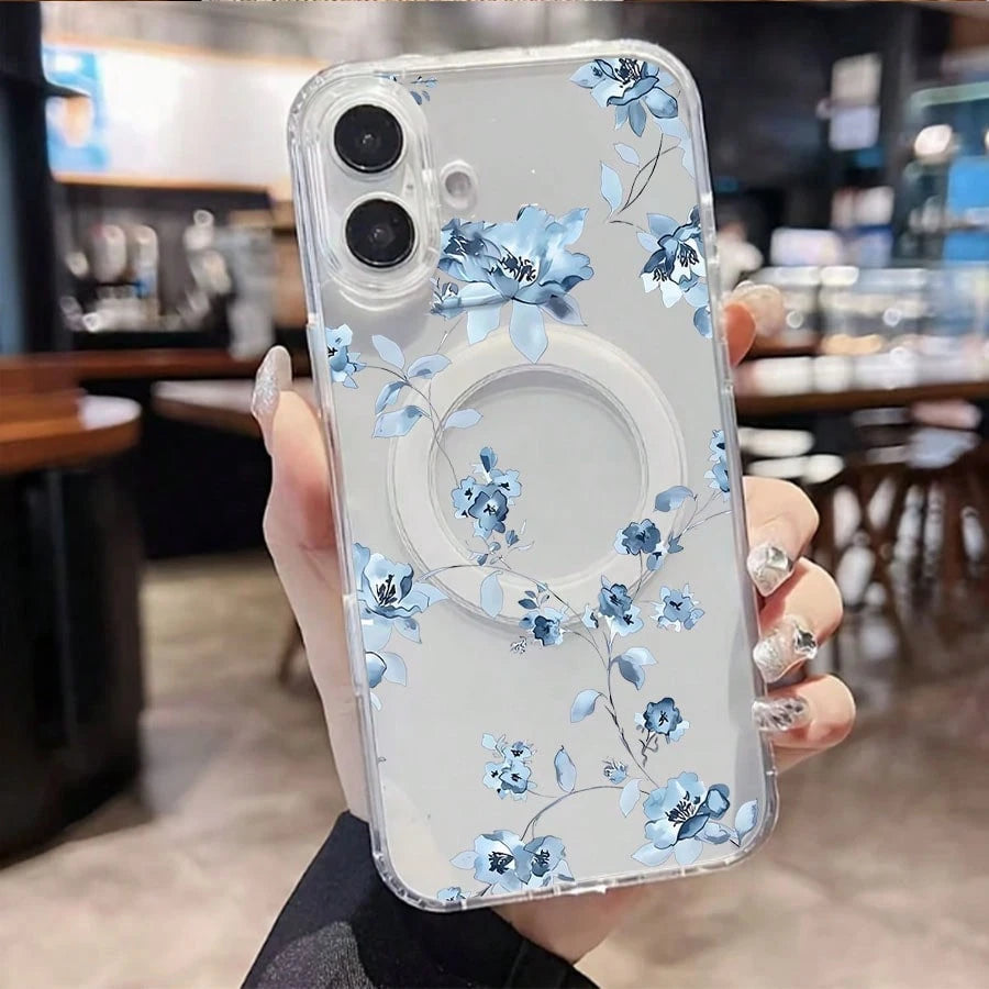 Delicate Blue Floral Watercolor Pattern White Background Magnet Phone Case Element-Design Phone Case,Suitable For Men And Women. Simple And Unique Phone Case. Stylish Phone Case For IPhone 16PROMAX 1