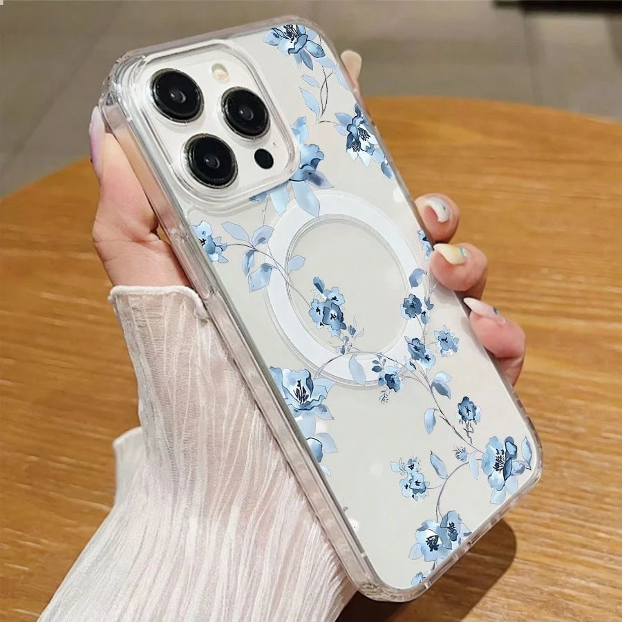 Delicate Blue Floral Watercolor Pattern White Background Magnet Phone Case Element-Design Phone Case,Suitable For Men And Women. Simple And Unique Phone Case. Stylish Phone Case For IPhone 16PROMAX 1