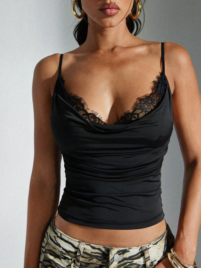Denimoi Sexy Contrast Color Lace Patchwork Spaghetti Strap Top, Summer