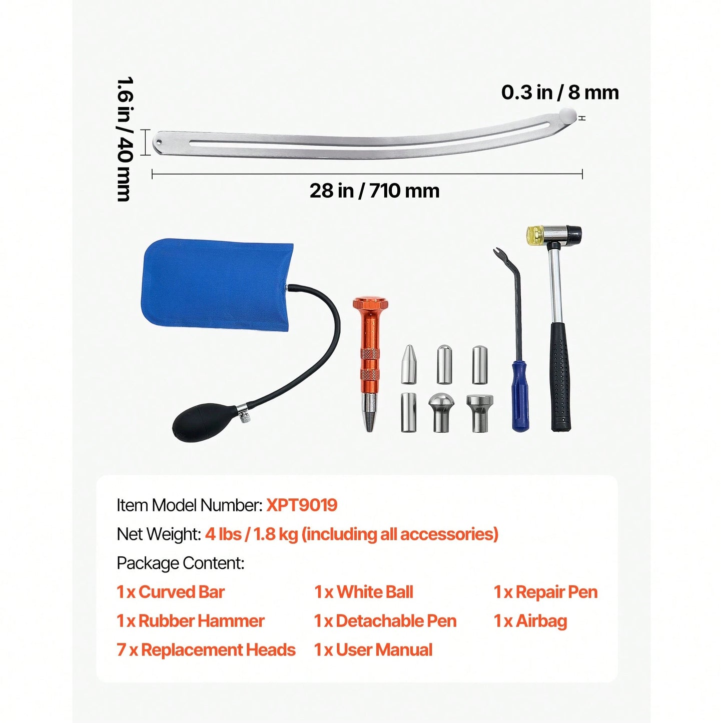 Dent Puller Kit, Paintless Car Dent Removal Tool, Auto Fen.Der Damage Repair Puller Lifter With Curved Rod, Crowbar, Rubber Hammer, Airbag, Detachable & Repair Pens, Replacement Heads Tools Kit