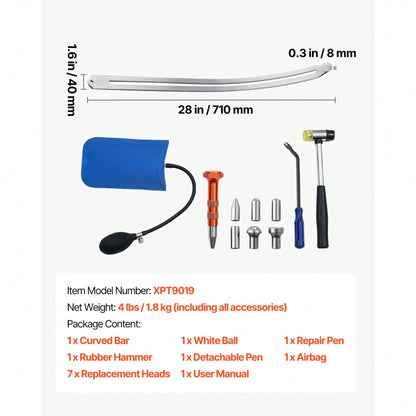 Dent Puller Kit, Paintless Car Dent Removal Tool, Auto Fen.Der Damage Repair Puller Lifter With Curved Rod, Crowbar, Rubber Hammer, Airbag, Detachable & Repair Pens, Replacement Heads Tools Kit