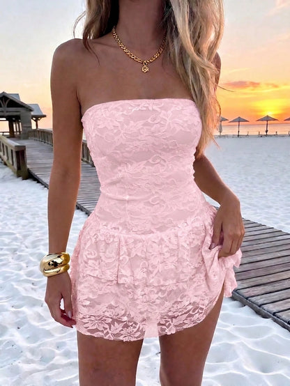 Dila Polly 2026 Women's Sexy Solid-Color Lace Bodycon Mini Tube Dress; Pink Strapless Mini Dress With Built-In Shorts, Suitable For Autumn.