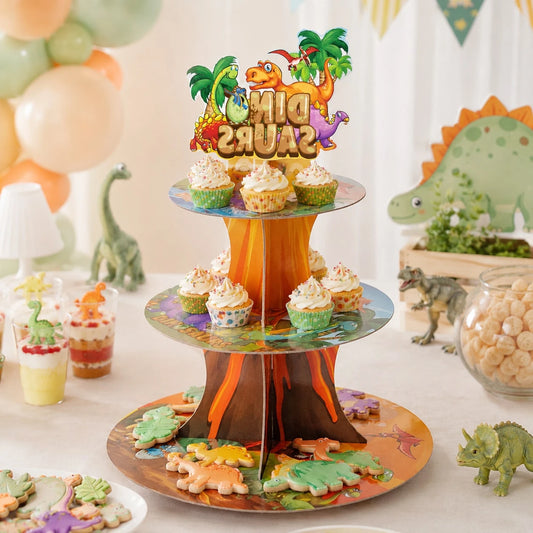 Dinosaur Theme 3-Tier Paper Cake Stand, Children's Birthday Party Cupcake Dessert Display Rack, Baby First Birthday Party Hundred Days Celebration Mother & Baby Party Tabletop Decoration