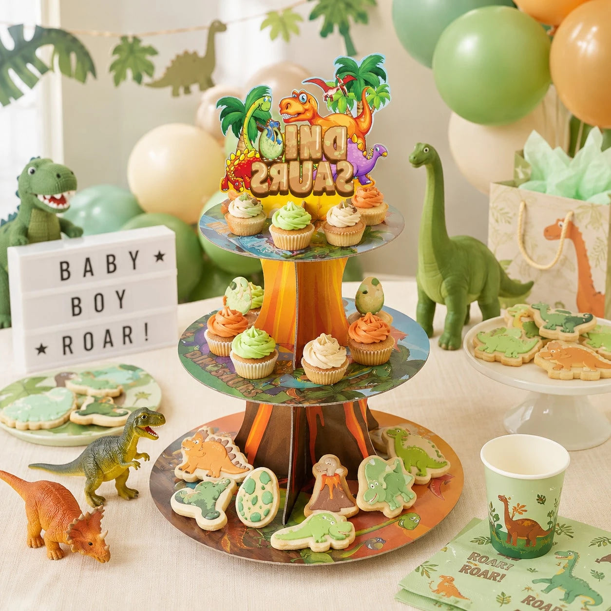 Dinosaur Theme 3-Tier Paper Cake Stand, Children's Birthday Party Cupcake Dessert Display Rack, Baby First Birthday Party Hundred Days Celebration Mother & Baby Party Tabletop Decoration