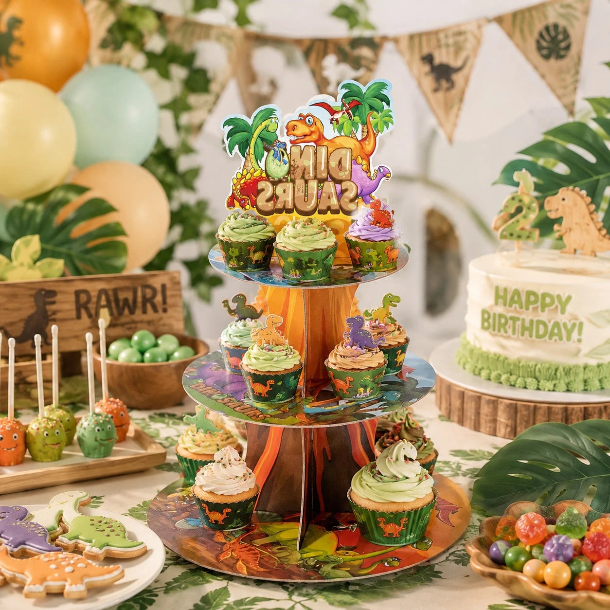Dinosaur Theme 3-Tier Paper Cake Stand, Children's Birthday Party Cupcake Dessert Display Rack, Baby First Birthday Party Hundred Days Celebration Mother & Baby Party Tabletop Decoration