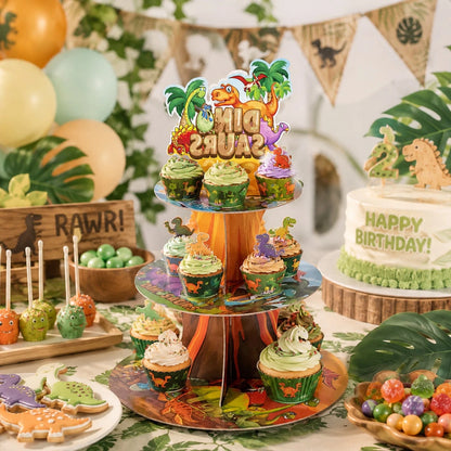 Dinosaur Theme 3-Tier Paper Cake Stand, Children's Birthday Party Cupcake Dessert Display Rack, Baby First Birthday Party Hundred Days Celebration Mother & Baby Party Tabletop Decoration
