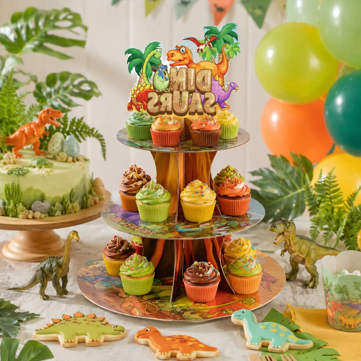 Dinosaur Theme 3-Tier Paper Cake Stand, Children's Birthday Party Cupcake Dessert Display Rack, Baby First Birthday Party Hundred Days Celebration Mother & Baby Party Tabletop Decoration
